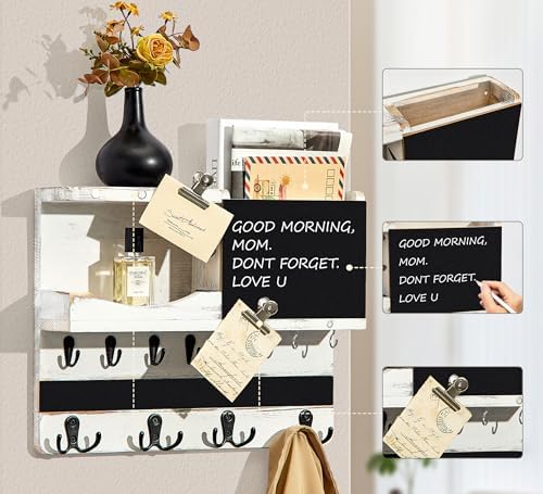 Key Holder Wall Mount with Shelf, Key Hooks for Wall, White Washed - Image 6