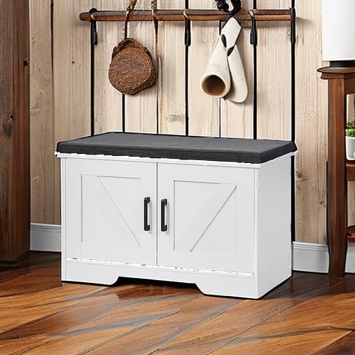 HOMSHO Farmhouse Shoe Storage Bench with 2 Barn Doors & Padded Seat Cushion - Image 6