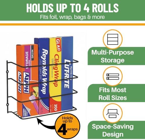 Evelots Kitchen Wrap Organizer - Hold up to 4 Plastic, Foil, Paper, Wax - Cabinet Door, Wall Rack Basket - Sandwich, Freezer, Food Bag Storage - Laundry Supplies - Black - Image 2