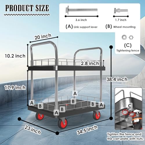 2 Shelf Utility Service Cart- 660lbs Capacity Heavy-Duty Plastic Rolling Utility Carts with 4 of 360° Swivel Wheels and Handle, Large Service Cart for Groceries,Warehouse,Garage 34.6''x 22.8'' - Image 4