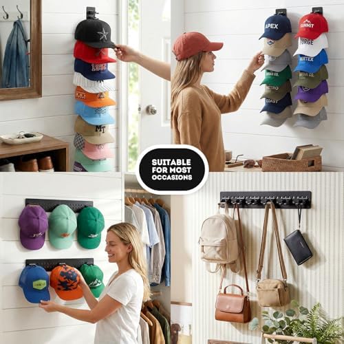 2 Pack Hat Organizer for Baseball Caps,Detachable DIY Hat Rack for Wall Hold Up to 22 Hats,Baseball Cap Organizer Cap Holder Hat Hangers for Wall Closet Door Bedroom (1A-Black) - Image 5