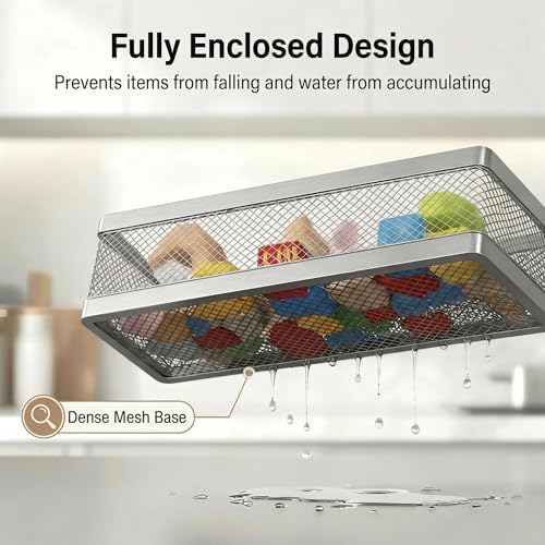 PUSDON 5-in-1 16.5" Extra Long Slim Wall Mount Wrapped Mesh Kitchen Organizer & Shower Caddy Kit, with Paper Towel Holder, Utensil Holder, Soap Dish, Holds 50LBS - Silver Gray, Netting - Image 3