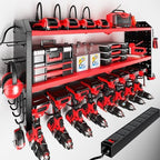 KAFAHOM Power Tool Organizer with Charging Station, Built in 8 Outlet Power Strip, Large 8 Drill Holder Wall Mount, Heavy Duty Metal Power Tool Storage Rack Tool Shelf for Garage Organization Red by KAFAHOM