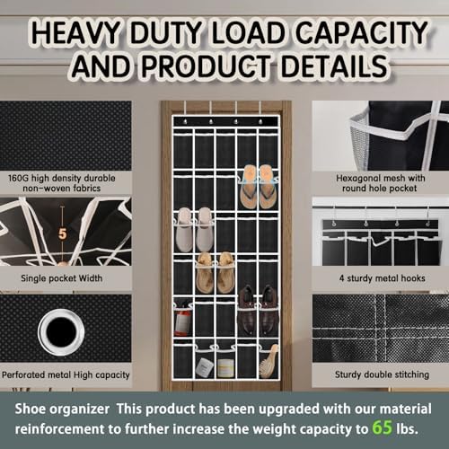 Over the Door Shoe Organizer with 30 Breathable Mesh Pockets (2PC-Black) - Image 2