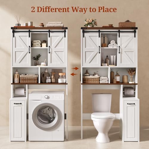 Farmhouse Over The Toilet Storage Cabinet with Pulley, Slide Barn Doors Bathroom Storage Cabinet, Space Saver W/Adjustable Shelf & Open Shelf for Bathroom, Restroom, Laundry (White Brown-Type A) - Image 5