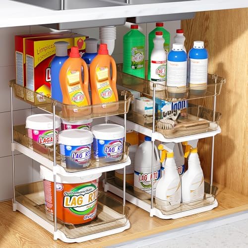 Delamu 2 Pack 3-Tier Bathroom Under Sink Organizers and Storage, Multi-Purpose Stackable Pantry Organization and Storage, Pull Out Clear Kitchen Bathroom Cabinet Organizer with Movable Dividers, Amber - Image 7