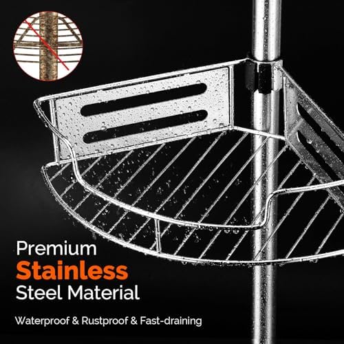 HAMITOR Shower Caddy Tension Pole, 4 Tier Corner Shower Shelves - Silver - Image 5