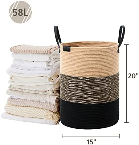 VIPOSCO 58L Tall Woven Rope Laundry Hamper, Leather Handles, Brown & Black - Image 5