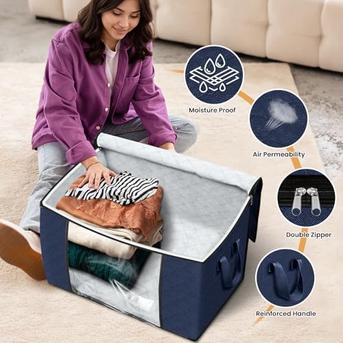 Fab totes 90L Clothes Storage, Foldable Thick Fabric Blanket Storage Bags | Foldable Containers with Zippers,Window and Handles for Organizing Bedroom, Closet, Comforter, Bedding,Dorm essentials - Image 4