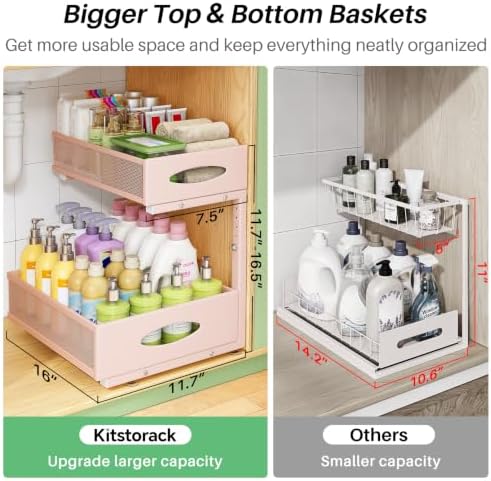 Under Sink Organizer, 2-Pack Pull Out Cabinet Organizer 2 Tier Metal Slide Out Storage Shelf Rack, L-Shaped Adjustable Height,Mesh Sliding Drawer for Kitchen, Bathroom, Laundry, Pantry, Pink, XL - Image 3