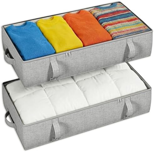 2-Pack Under Bed Storage Containers, 8 Inches Tall Clothes Storage, Gray | Large Capacity Collapsible Underbed Organizer with Sturdy Sidewalls/Bottom, Cotton Linen Bins, For Seasonal Clothes & Bedding by Makestorageclosetolife