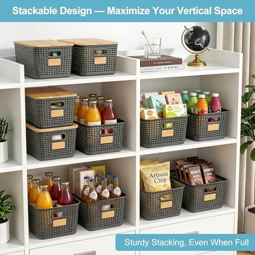 Bagnizer 2 Pack Tall Plastic Storage Bins with Bamboo Lids, 10.8qt Stackable Storages Baskets for Organizing Desktop Closet Playroom Classroom Office, 12"L x 8.3"W x 6.1"H, Gray - Image 3
