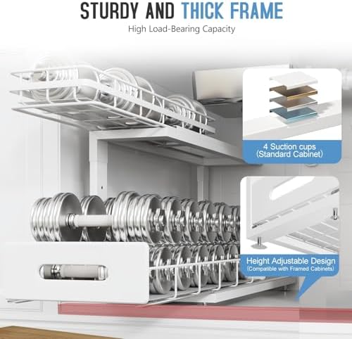 Under Sink Organizer Upgrade To Professional Rails,2-Tier Dual Pull Out Cabinet Storage,Height Adjustable Slide Out Drawers For Bathroom Kitchen,2 Pack-21"Dx12.8"-16.9"H,White - Image 4