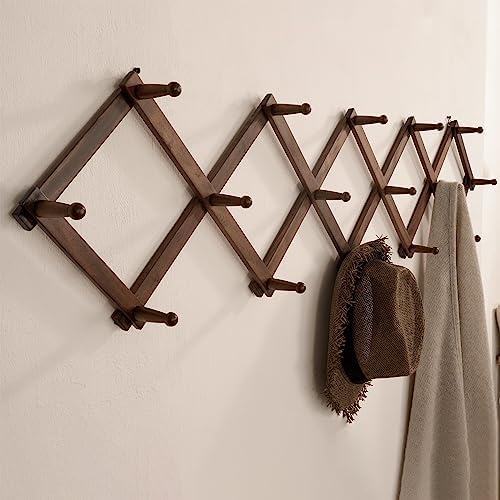 SKOLOO Accordion Wall Hanger with 16 Hooks, Modern Expandable Coat Rack Hat Rack for Wall, Solid Wooden, Walnut Color - Image 4