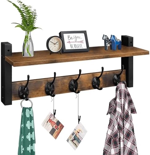 Homode Wall Hooks with Shelf, Wood Coat Rack with Shelf Wall-Mounted, Entryway Hanging Shelves with 5 Metal Hooks for Clothes Hats Towel Purse Robes, Bathroom Mudroom Bedroom, Rustic Brown Black by Homode