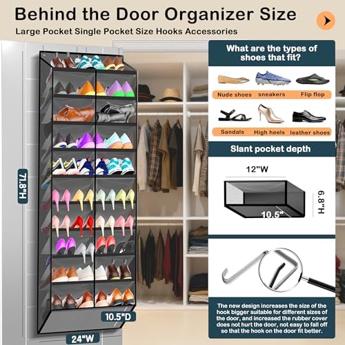 Kotkn 10-Tier Over the Door Shoe Organizer, 20 Pockets Holds 20-30 Pairs, Heavy-Duty Oxford Fabric with Hexagon Mesh for Boots & Sneakers-Dark Gray - Image 2