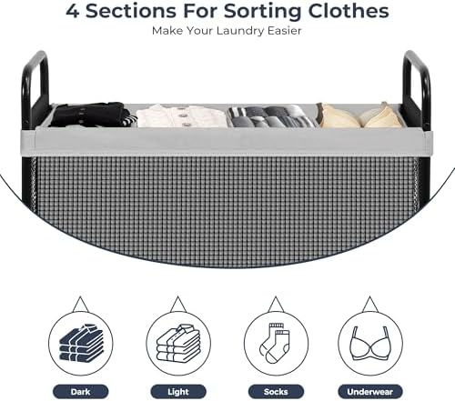 STO STO Laundry Hamper 4 Section, 140L Rolling Laundry Sorter Cart with Removable and Washable Liner Bag, Clothes Hamper with Wheels and Metal Handle for Laundry Room and Bedroom, Gray - Image 6