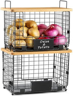 2 Set XL Stackable Wire Basket with Bamboo Tops & Tags- Pantry Organizer and Storage Bins, Kitchen Counter Cabinet Shelf Countertop Under Sink Organizing, Food Snack Produce Onion Potato Bread Storage by AOZITA