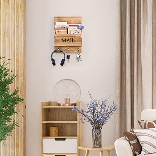 DLQuarts Mail Organizer with Key Holder for Wall Decorative Mail Sorter Wall Mounted, Wooden Mail Holder with 3 Hooks, Carbonized Brown - Image 3