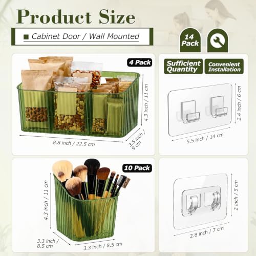 14 Pack Cabinet Door Organizer Adhesive Wall Mount Storage Bins Makeup Containers Stackable Organizer Basket for Kitchen Cabinets, Bathroom, Pantry, Office, Refrigerator (Frosted Green) - Image 2