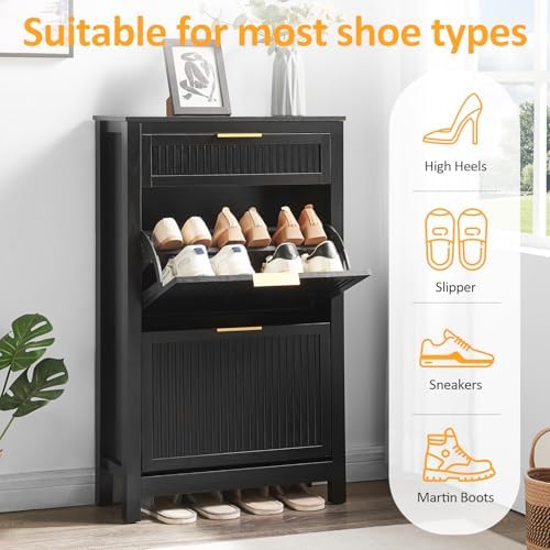 2-Flip Drawer Shoe Cabinet Narrow Entryway Rack, Black - Image 3