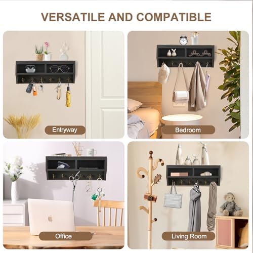 Key Holder Wall Mount with Mail Organizer, 6 Hooks & Shelf, Black - Image 5