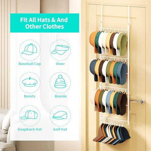 HapiRm Over Door Hat Organizer - 4 Tier Wall Mounted Hat Rack with 24 Hooks and 10 Movable Clips, Hanging Baseball Cap Organizer Storage Holds to 34 Caps for Door, Bedroom, Closet(White) - Image 3