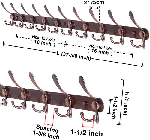 Dseap Coat Rack Wall Mount - 38” Long 10-Tri-Hooks Heavy Duty Coat Hanger Rail Wall Hooks for Hanging Coats Hats Clothing Clothes Purse Mudroom Entryway, Antique Copper, Pack of 2 - Image 2