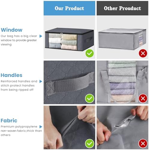 HomeHacks Storage 4-Pack Clothes Organizer Storage Bags Foldable Storage Box with Large Clear Window Sturdy Handles for Closet, Dorm, Pillows, Bedding, Clothes, Stuffed Toys, Blankets, Grey | Foldable Storage Box Container with Zippers, Clear Window, R... - Image 4