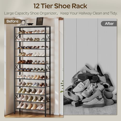 YATINEY 12 Tier Shoe Rack, Large Capacity Shoe Storage Organizer Holds 48 Pairs, Sturdy and Stable, for Entryway, Hallway, Closet, Dorm Room, Greige and Black SS12BG - Image 4