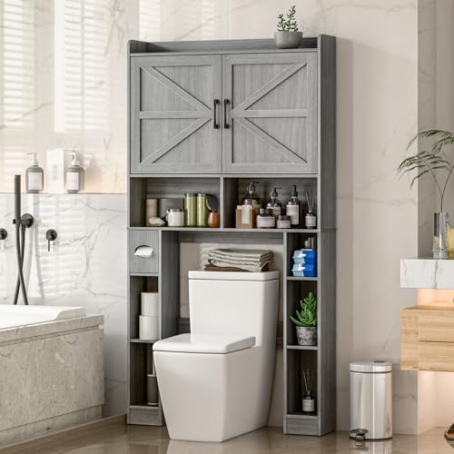 Vabches Over The Toilet Storage Cabinet with Barn Doors, Wash Grey - Image 6