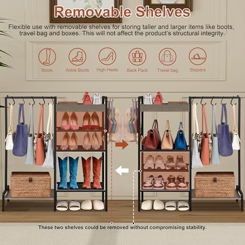 2-in-1 Shoe and Purse Rack, 5-Tier Shoe Rack with Wooden Tray & 7 Hooks, Industrial Metal Shoe Shelf with Removable Shelves for Entryway, Front Door Entrance, Closet, Boot Storage, Black - Image 5