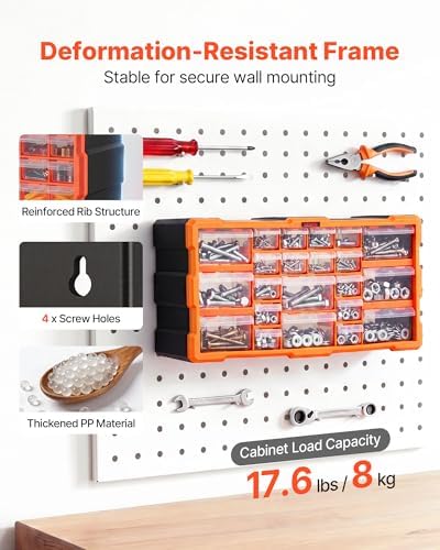 VEVOR 22-Drawer Storage Organizer, Plastic, Drawer Storage Cabinet for Garage Organization, Stackable Small Parts Organizer, Wall-Mounted Toolbox, for Hardware, Beads, Screws, Crafts, Building Bricks - Image 6