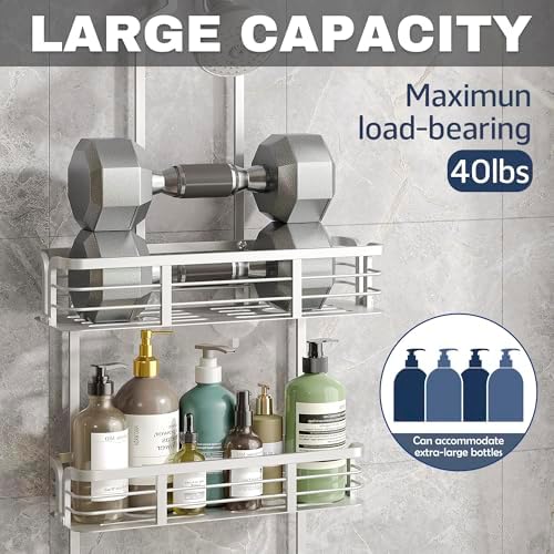 Shower Caddy Hanging, Never Rust Aluminum Shower Organizer, Over Showerhead No Drilling Shower Racks, with Soap Holder Multi Hooks Bathroom Storage for Shampoo Sponge,Silvery - Image 3