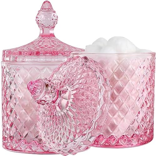 2 Pack Qtip Holder Apothecary Jars with Lid, Thick Glass, Large Pink by rejomiik
