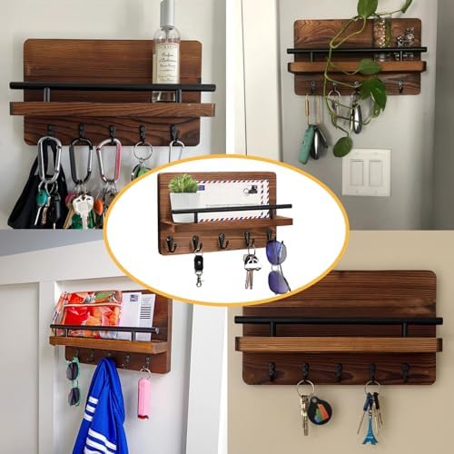 Key Holder for Wall with Mail Holder, Decorative Wooden Key Holder Wall Mount, Mail Rack Organizer with Shelf for for Entryway Office Hallway Home Decor, Rustic Brown - Image 7