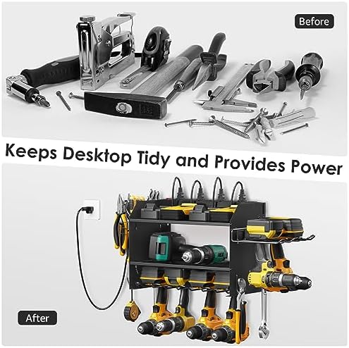 CCCEI Modular Power Tool Organizer Wall Mount Charging Station, Black 6 Drills Holder with 8 Plug Power Strip, Garage Drill Battery Heavy Duty Metal Shelf, Utility Rack with Hooks, Side Storage. - Image 4
