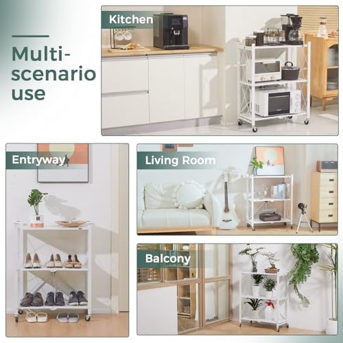 DEANIC 3 Tier Foldable Storage Shelves with Wheels, Large Capacity Shelving Unit, Freestanding Metal Wire Shelf Rack, No Assembly Organizer Rack for Garage Kitchen, Basement, Pantry(White Pack of 2) - Image 4