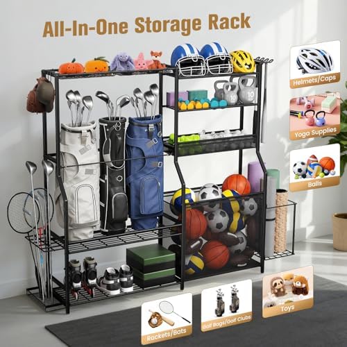 Garage Sports Equipment Organizer, 3 Golf Bag Organizer Stand Heavy-Duty Ball Storage Rack with Basket and Hooks, Ball Storage Cart for Toy Sports Gear Storage, Black - Image 3