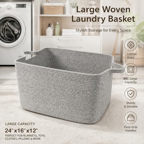 96L Woven Laundry Basket with Handles, Extra Blanket Basket, Grey - Image 4