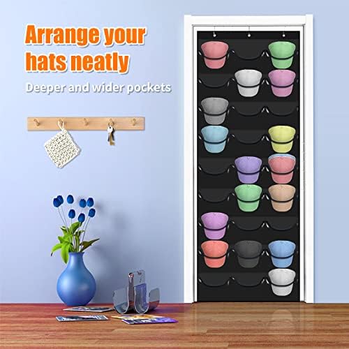 Hat Rack for Baseball Caps, 27 Pockets Over The Door Baseball Hat Organizer, Fitted Hat Storage for Closet Wall Mount Bag With Large Pockets & 3 Hooks, Hat Holder Hanger Organization to Display Caps - Image 2