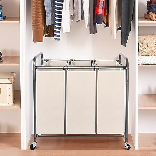STO STO Laundry Sorter 3 Section, 3 Bag Clothes Hamper, Rolling Laundry Cart Basket with Heavy Duty Lockable Wheels and Removable Bag for Laundry Room, Bedroom, Closet, Beige - Image 3