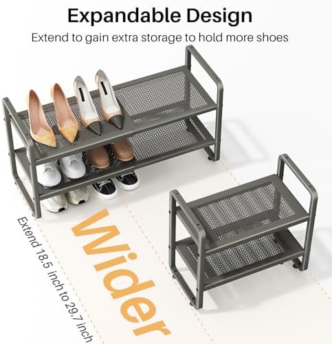 SNTD Expandable Metal Shoe Rack for Closet, Entryway & Garage, 2-Tier, Grey | Adjustable Height for Boots, Stackable Design, Dense Mesh Shelves for Heels, Fits Small Spaces, Apartments and Rentals - Image 4