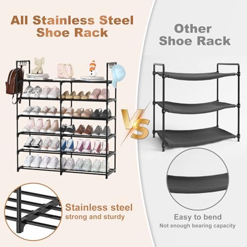 2-Row 6-Tier Stackable Shoe Rack, Black Metal Shoe Shelf with Multifunctional Hooks, Hold 24-30 Pairs, Space Saving Shoes Organizer for Closet,Show Rack - Image 4