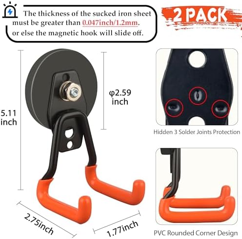 ULIBERMAGNET New Upgraded Heavy Duty Magnetic Garage Hooks,2 Pack Strong Large Magnet Hooks for Power Drill,Garden Tools,Hose,Pegboard,Garage, Workshop,Magnetic Storage Hook for Hanging(Orange) - Image 2