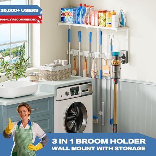 Broom Holder Wall Mount with Cleaning Supplies Organizer, Laundry Room Organization and Storage Shelf with Mop Hanger Rack Gripper Hooks, Utility Shelf Closet Organizer Floating Shelves for Garage - Image 2
