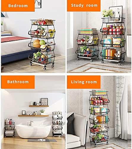 Metal Wire Baskets with Wheels, Stackable Storage Bins Kitchen Organizer Shelf 3-4-5-6 Tier Fruit Vegetable Cart Dishes Seasonal Rack Shelves for Garage, Pantry, Bathroom - Image 5