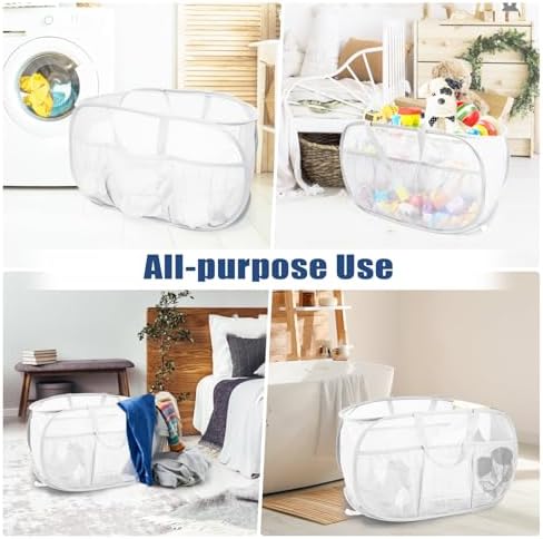 2 Pack Collapsible Laundry Baskets, Upgrade Pop Up Laundry Hamper with Convenient Bags, Foldable Laundry Basket Mesh Light Weight, Easy to Carry Clothes Hampers for Laundry, Dorm, Toys, Travel White - Image 7