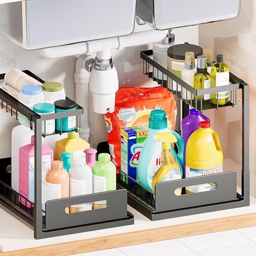 Under Sink Organizer and Storage 2 Pack, Slide Out Cabinet Organizer, Pull Out Sink Shelf for Kitchen Bathroom Laundry, Black by VUSIGN