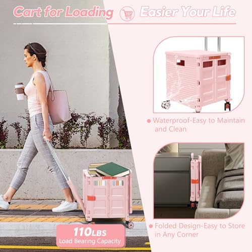FELICON SELORSS Folding Utility Cart Portable Rolling Crate Handcart-Pink - Image 4